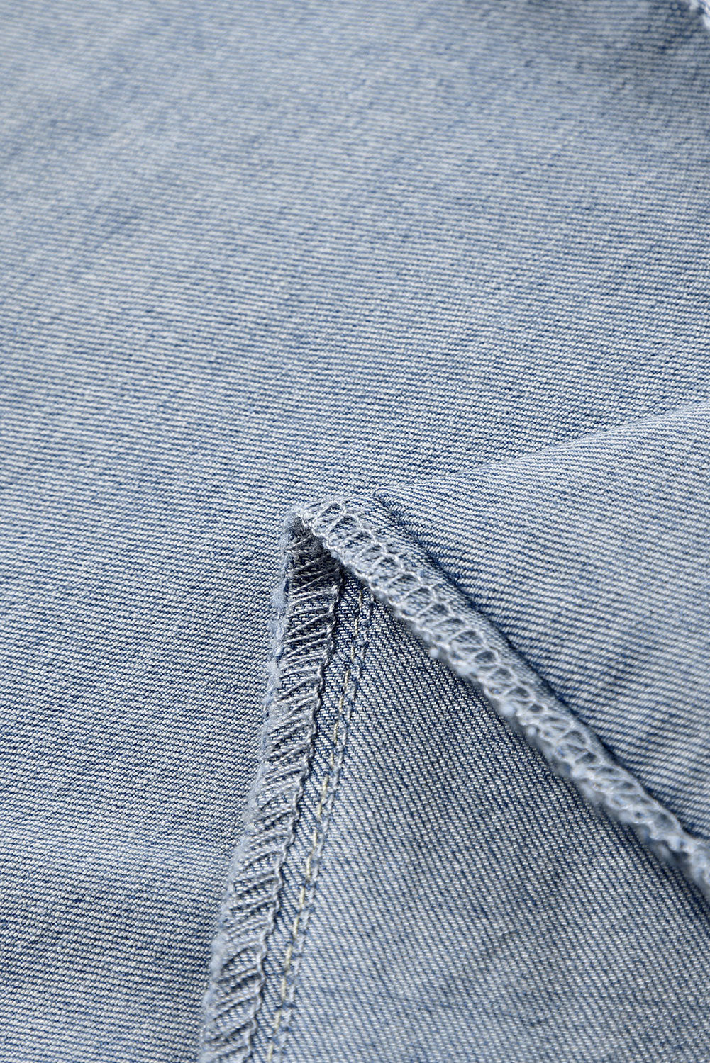 Light Wash Blue High Rise Double Button Straight Leg Jeans – Raw Hem Denim