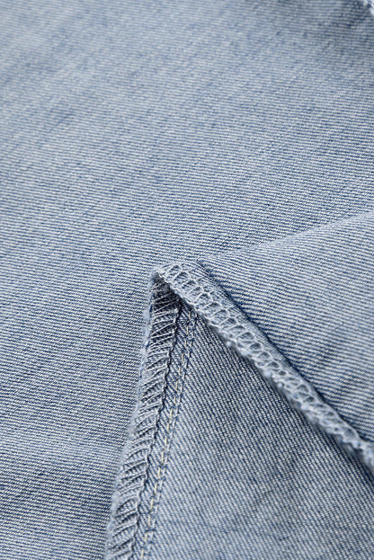 Light Wash Blue High Rise Double Button Straight Leg Jeans – Raw Hem Denim