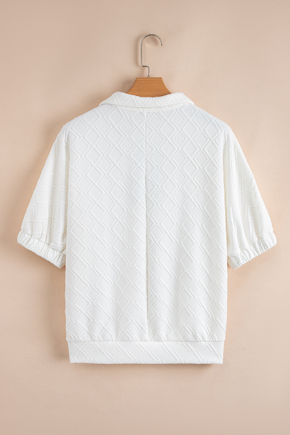 Quilted Zip Collar Puff Sleeve Top – Textured Casual Blouse