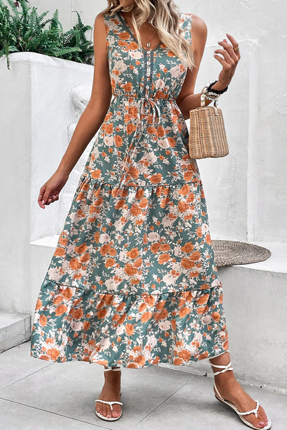 Green Floral Print Relaxed Fit Tiered Everyday Dress