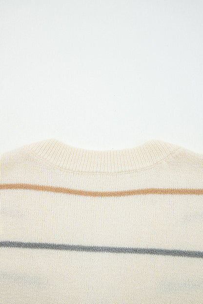 Cream striped button-front cardigan with camel tan and dusty blue-gray stripes, V-neckline, and relaxed drop-shoulder sleeves
