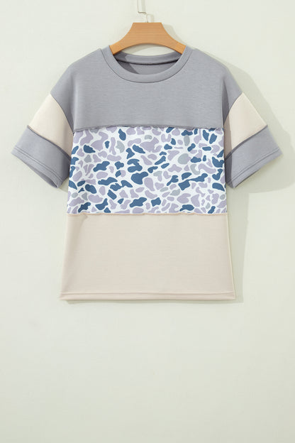 Color Block Camouflage Panel Tee – Casual Crew Neck Short Sleeve Everyday Top