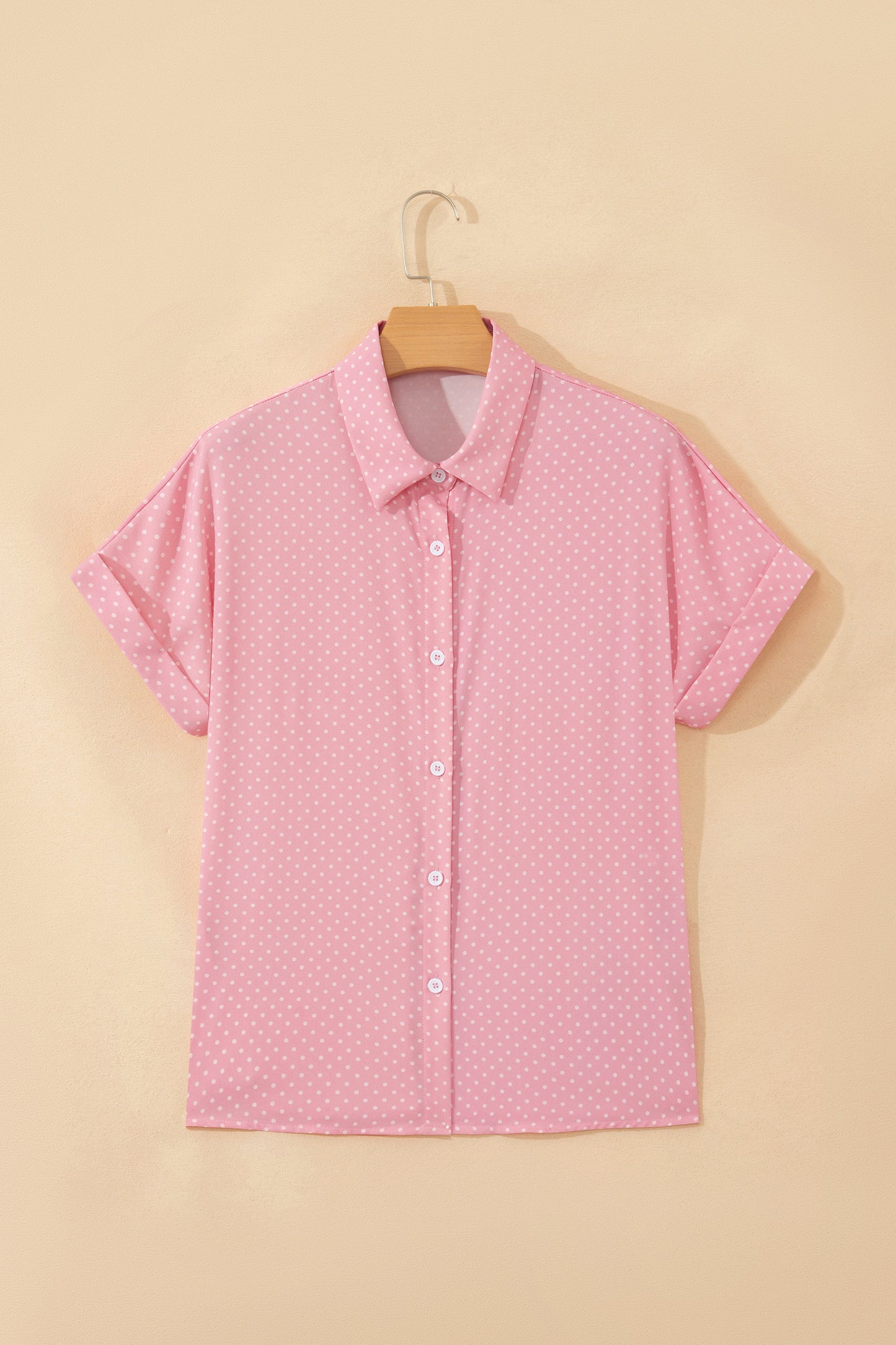Polka Dot Button Front Blouse – Short Sleeve Collared Top