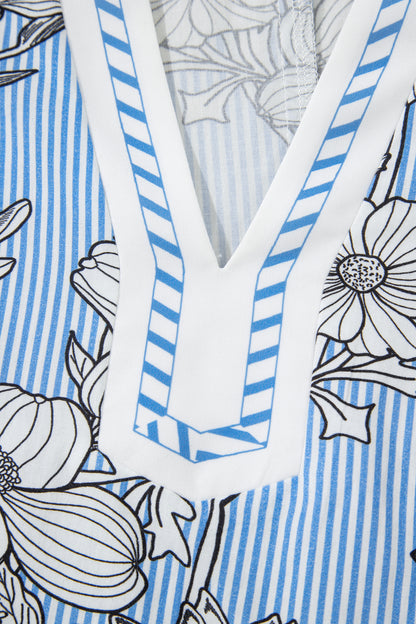 Blue Striped Floral V-Neck Short Sleeve Blouse for Women