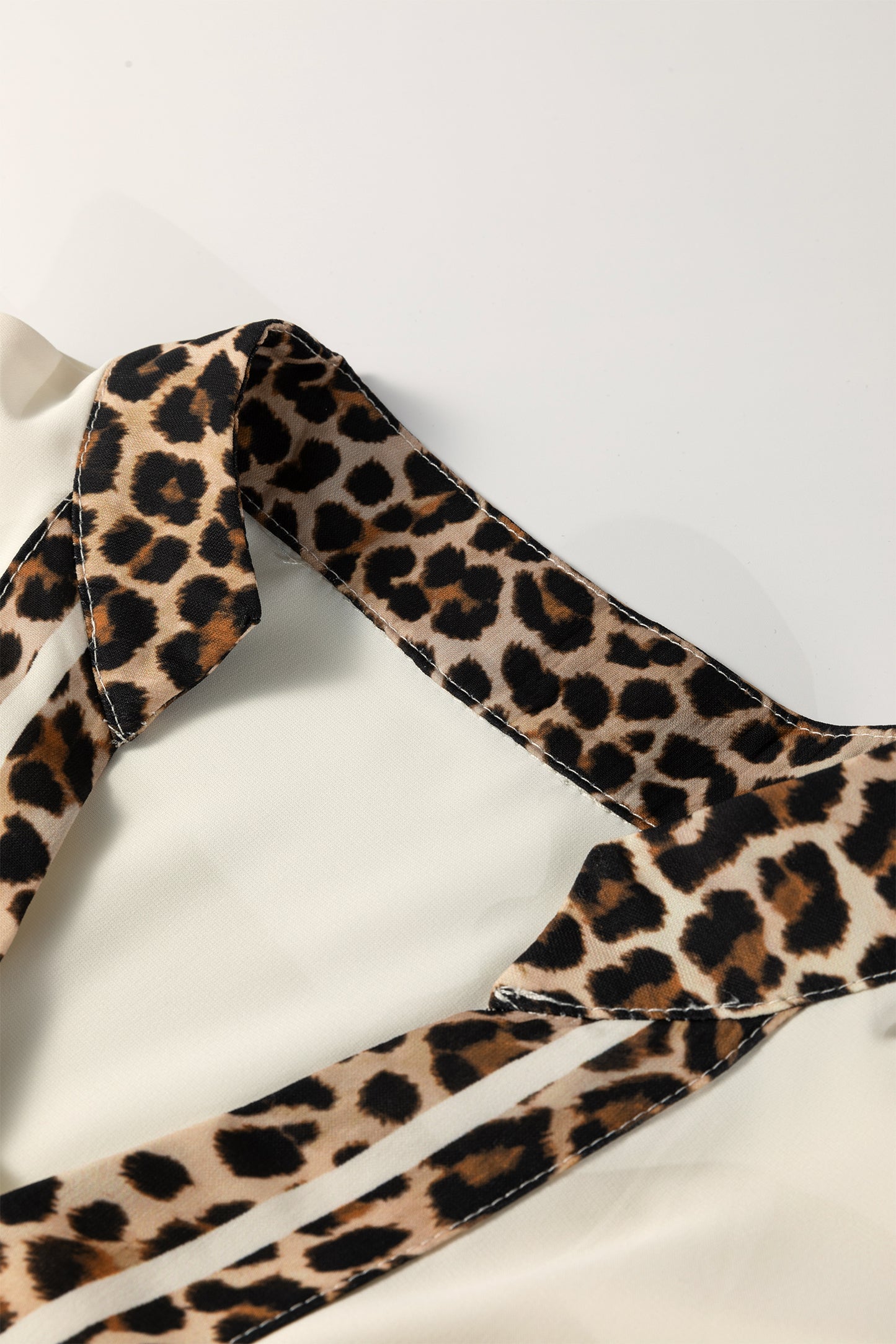 Leopard Trim Notch Neck Blouse – Lightweight Casual Contrast Top
