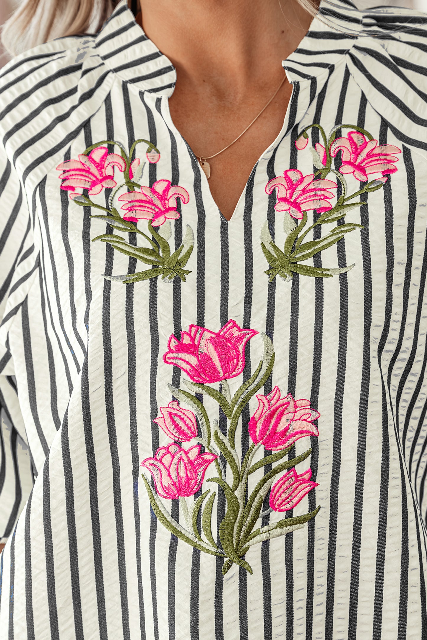 White Navy Striped Floral Embroidered Blouse – Puff Sleeve Everyday Boutique Top