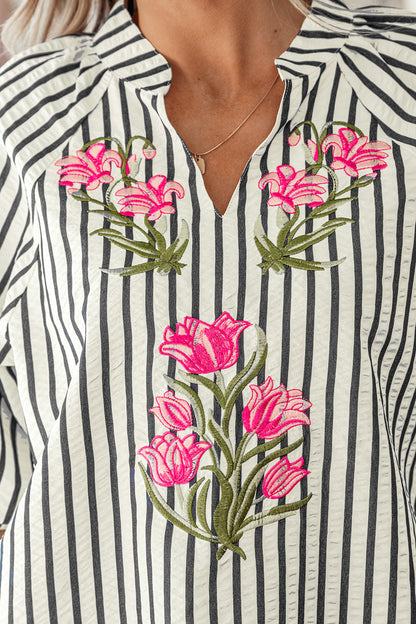 White Navy Striped Floral Embroidered Blouse – Puff Sleeve Everyday Boutique Top