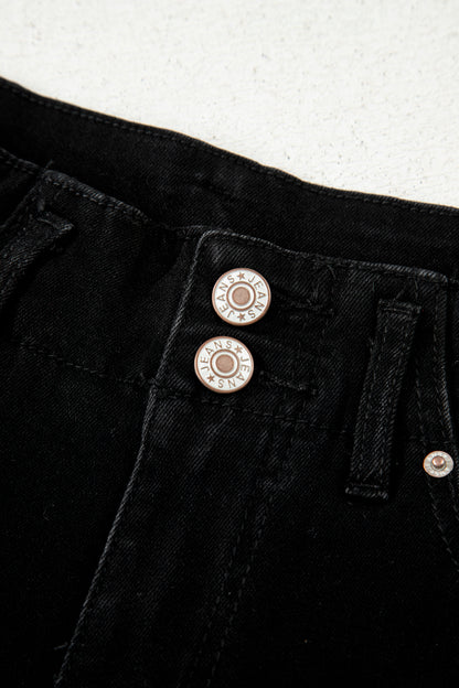 Black high rise wide leg jeans with double-button waistband, front pockets and cropped hem.