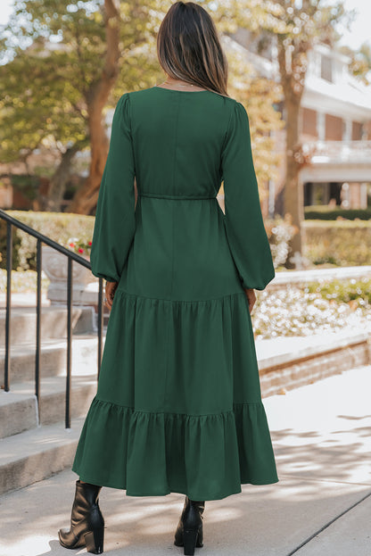 Long Sleeve V‑Neck Button Front Tiered Maxi Dress