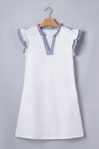 White Contrast Trim Flutter Sleeve Mini Dress – Casual Everyday Shift Dress
