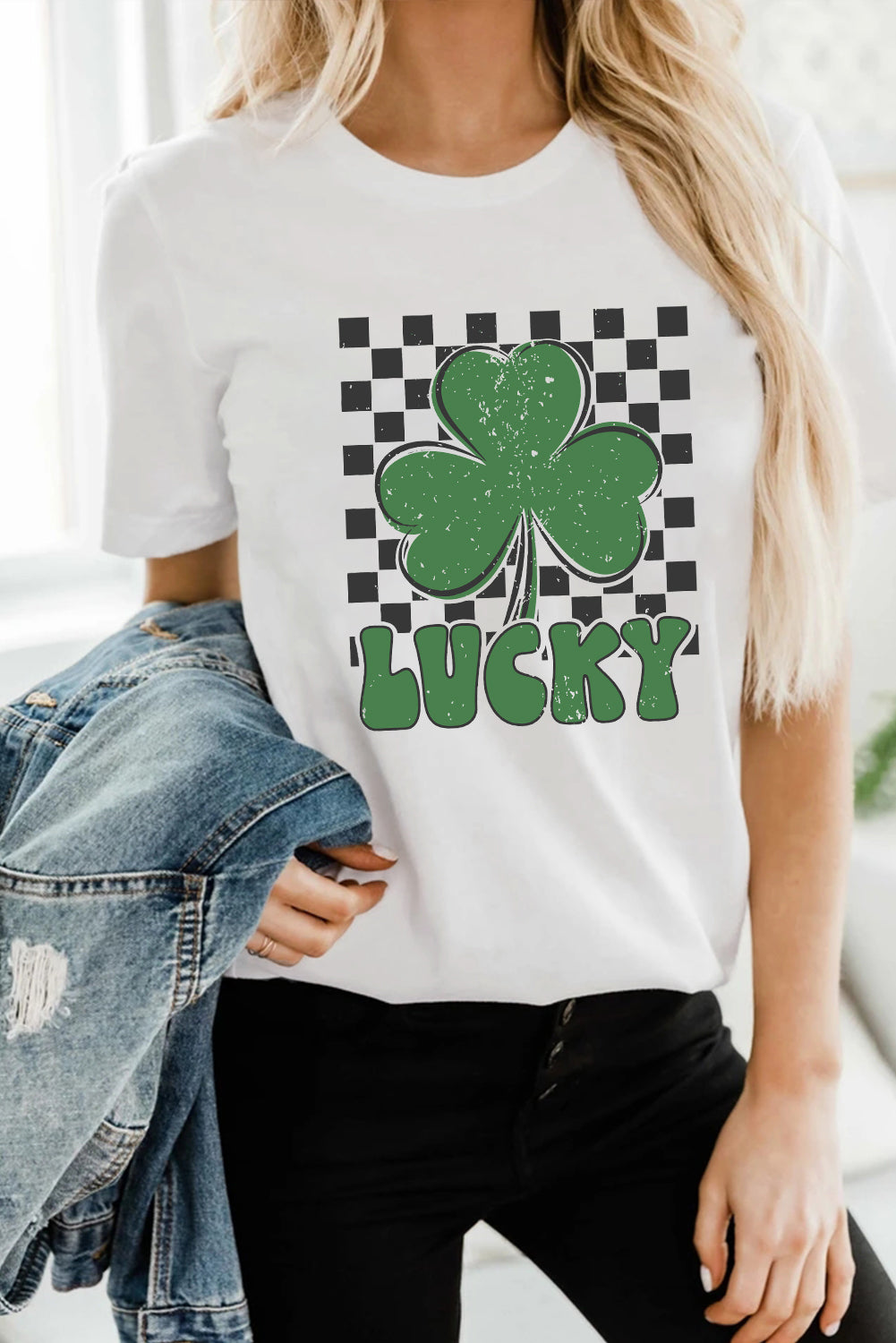 Checkerboard Lucky Clover Tee – White St. Patrick’s Day Graphic Top