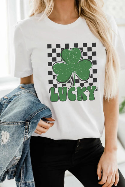 Checkerboard Lucky Clover Tee – White St. Patrick’s Day Graphic Top