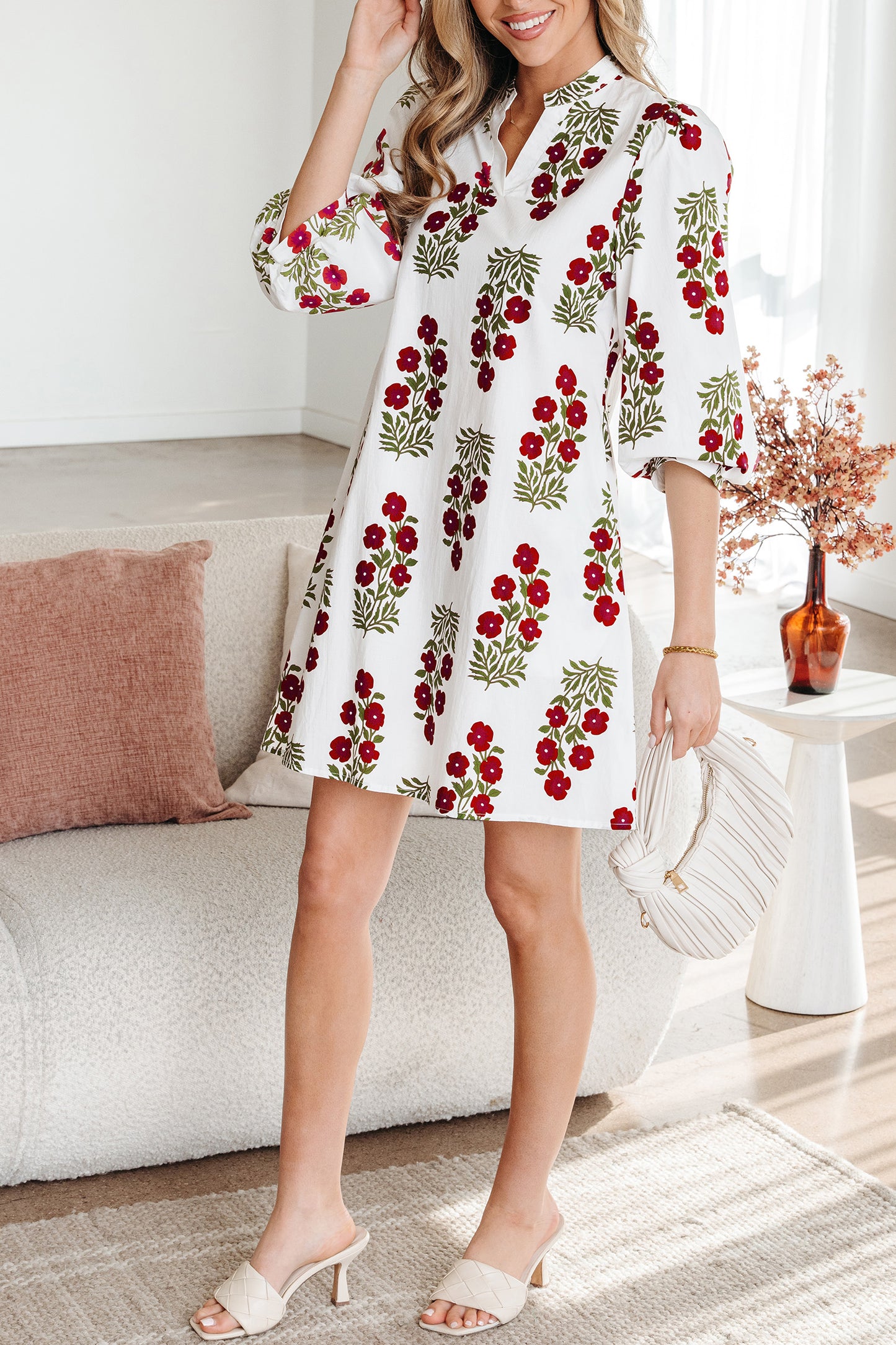 White Floral V-Neck Puff sleeves Mini Dress