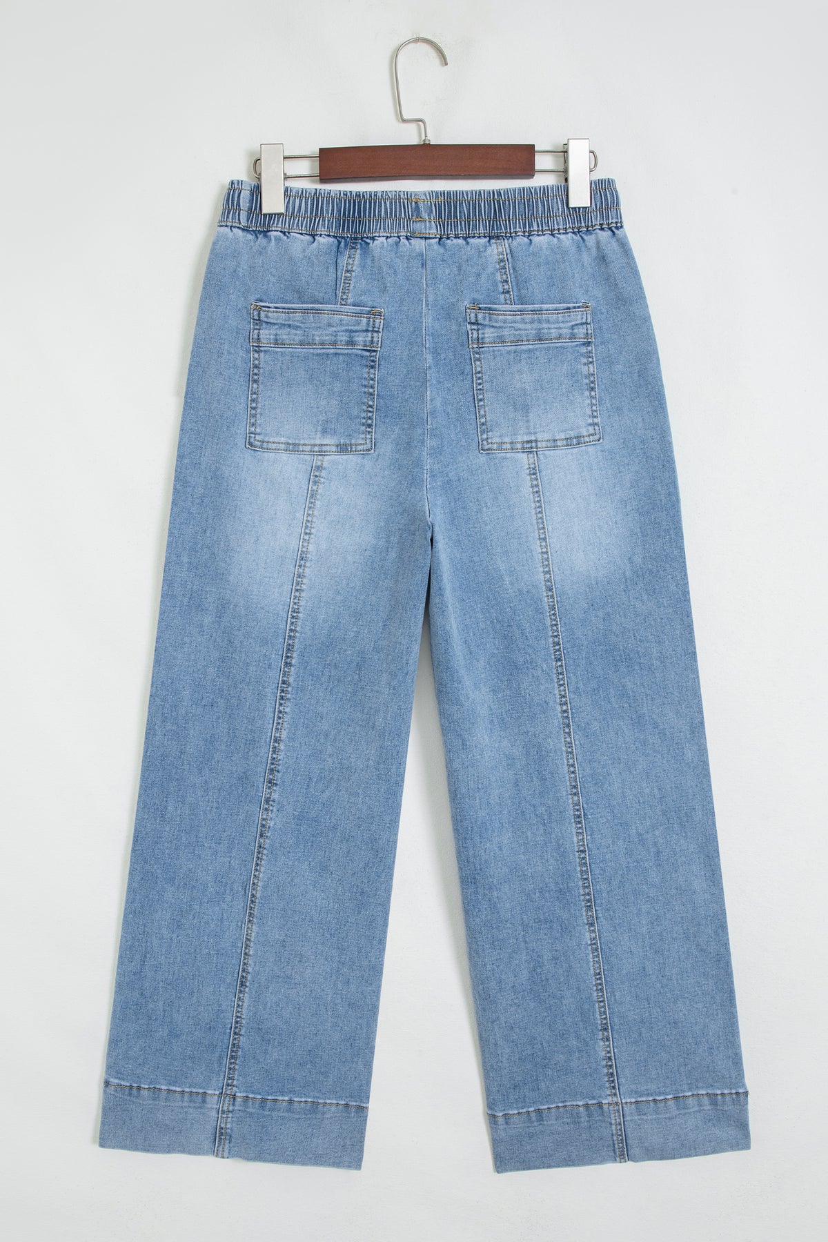 Light Wash Drawstring Wide Leg Jeans – High Rise Patch Pocket Denim