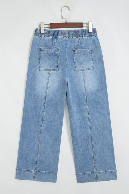 Light Wash Drawstring Wide Leg Jeans – High Rise Patch Pocket Denim