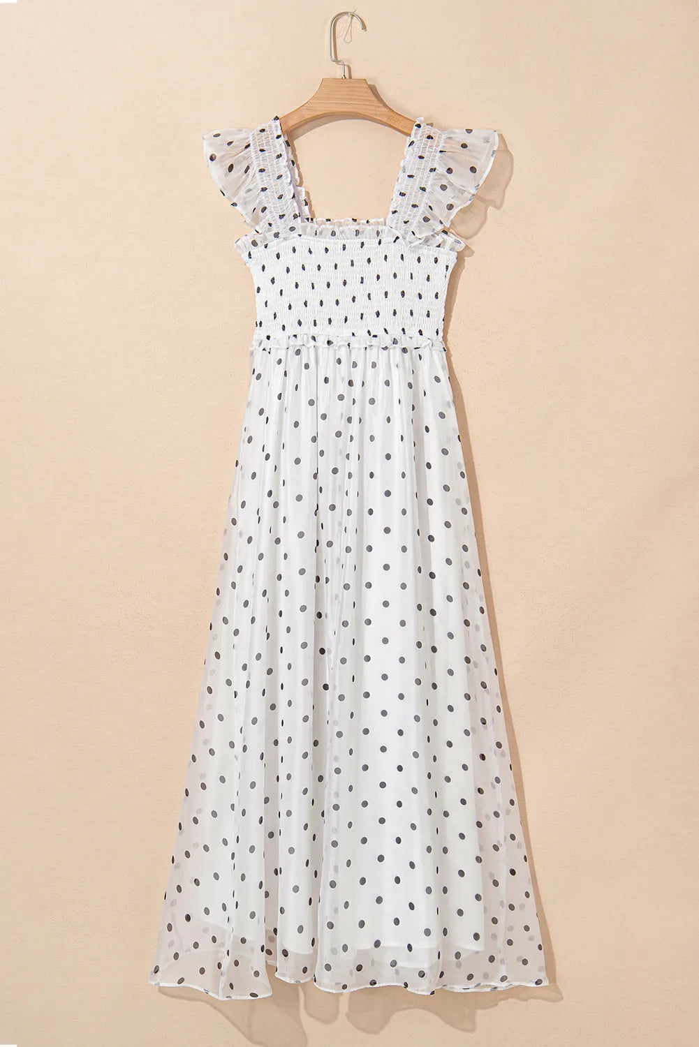 White Polka Dot Smocked Ruffle Strap Maxi Dress
