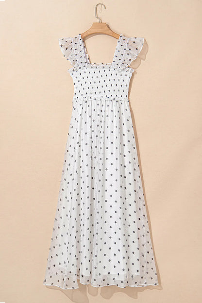 White Polka Dot Smocked Ruffle Strap Maxi Dress