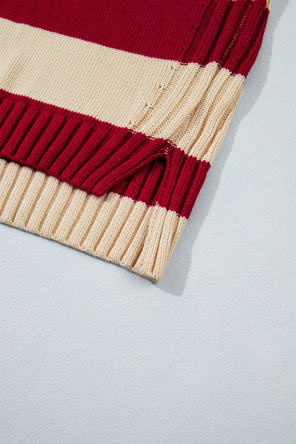 Red Striped Turtleneck Sweater – Relaxed Ribbed Knit Pullover