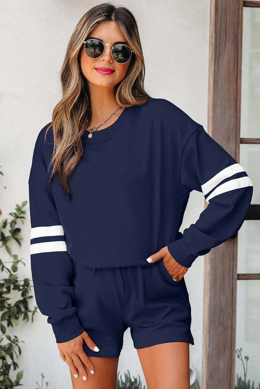 Varsity Striped Sleeve Drop Shoulder Sweatshirt & Short Set