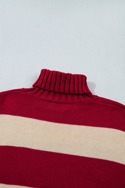 Red Striped Turtleneck Sweater – Relaxed Ribbed Knit Pullover