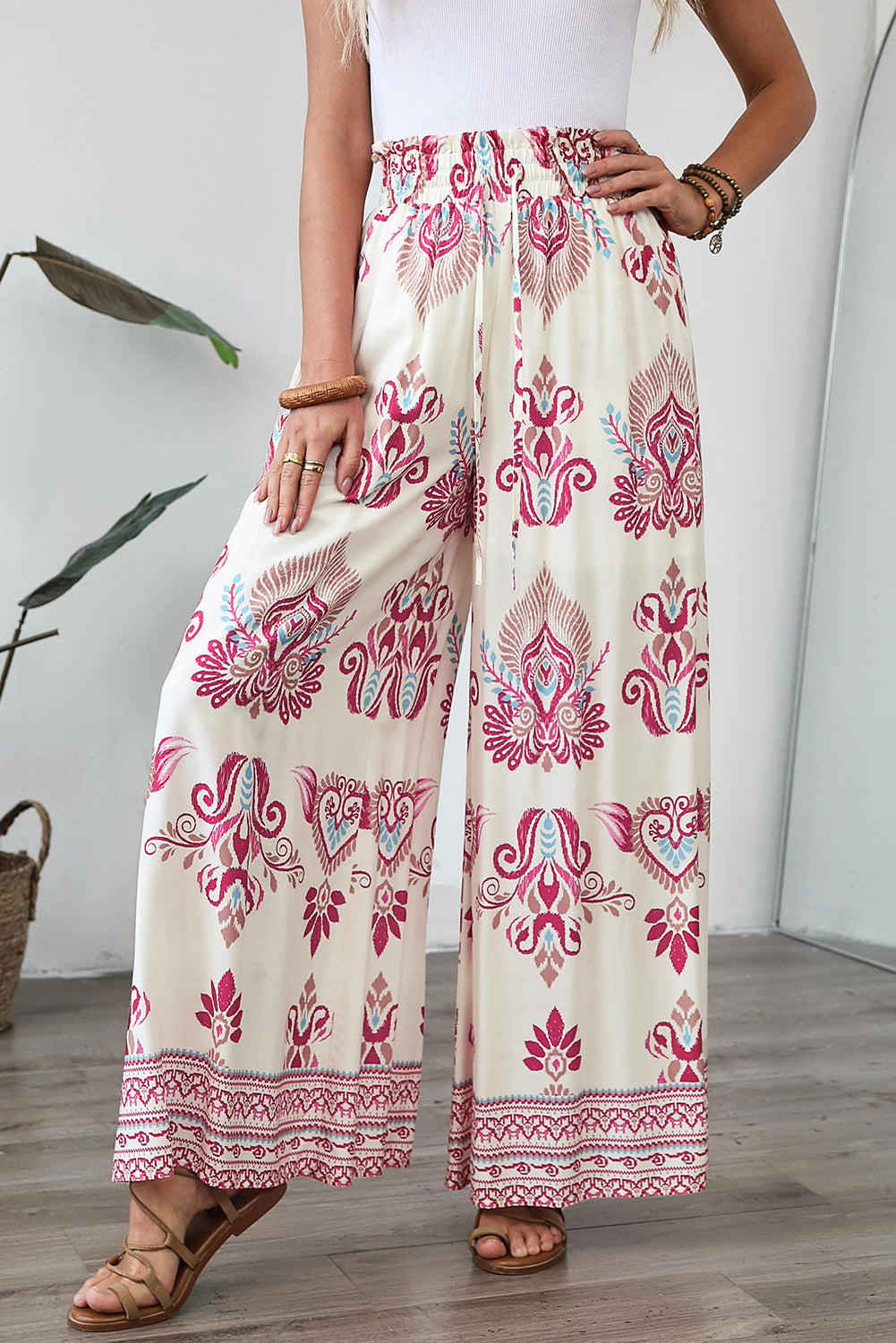 Rose Boho Printed Shirred High Waist Flowy Pants