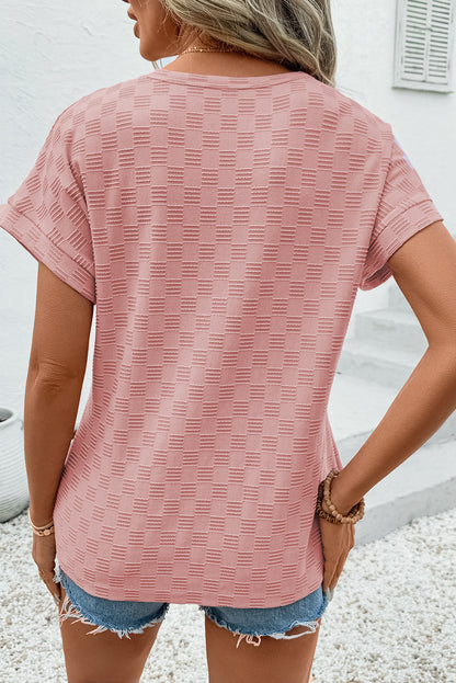 Apricot Pink Checkered Textured Round Neck Tee