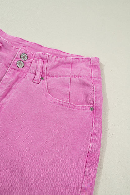 Pink high rise wide leg jeans with double-button waistband, front pockets and cropped hem.