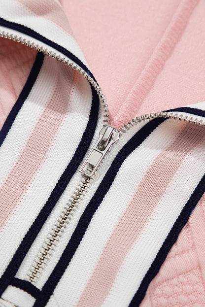 Quilted Zip Collar Puff Sleeve Top – Textured Casual Blouse