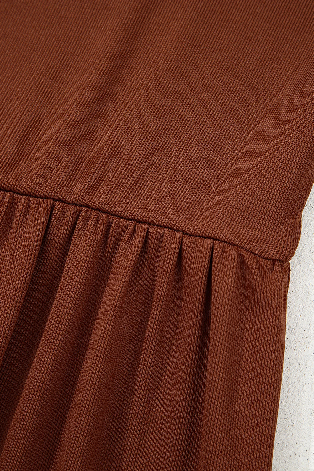 Soft Rust Ribbed Frilled Trim High‑Waist Long Sleeve Mini Dress