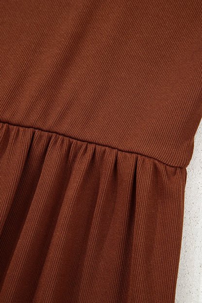 Soft Rust Ribbed Frilled Trim High‑Waist Long Sleeve Mini Dress
