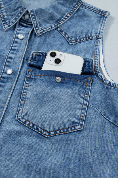 Women's Vintage Denim Wash Acid Wash Sleeveless Denim Button-Up Tank Top featuring a collared neckline, snap button front, western yoke, flap chest pockets, and curved hem.