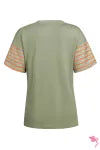 Striped Sleeve Color block Tee – Casual Chest Panel Short Sleeve Everyday Top