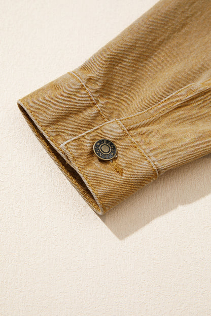 Tan women's denim jacket with metal button front, collared neckline, long sleeves, patch pockets, and relaxed fit.