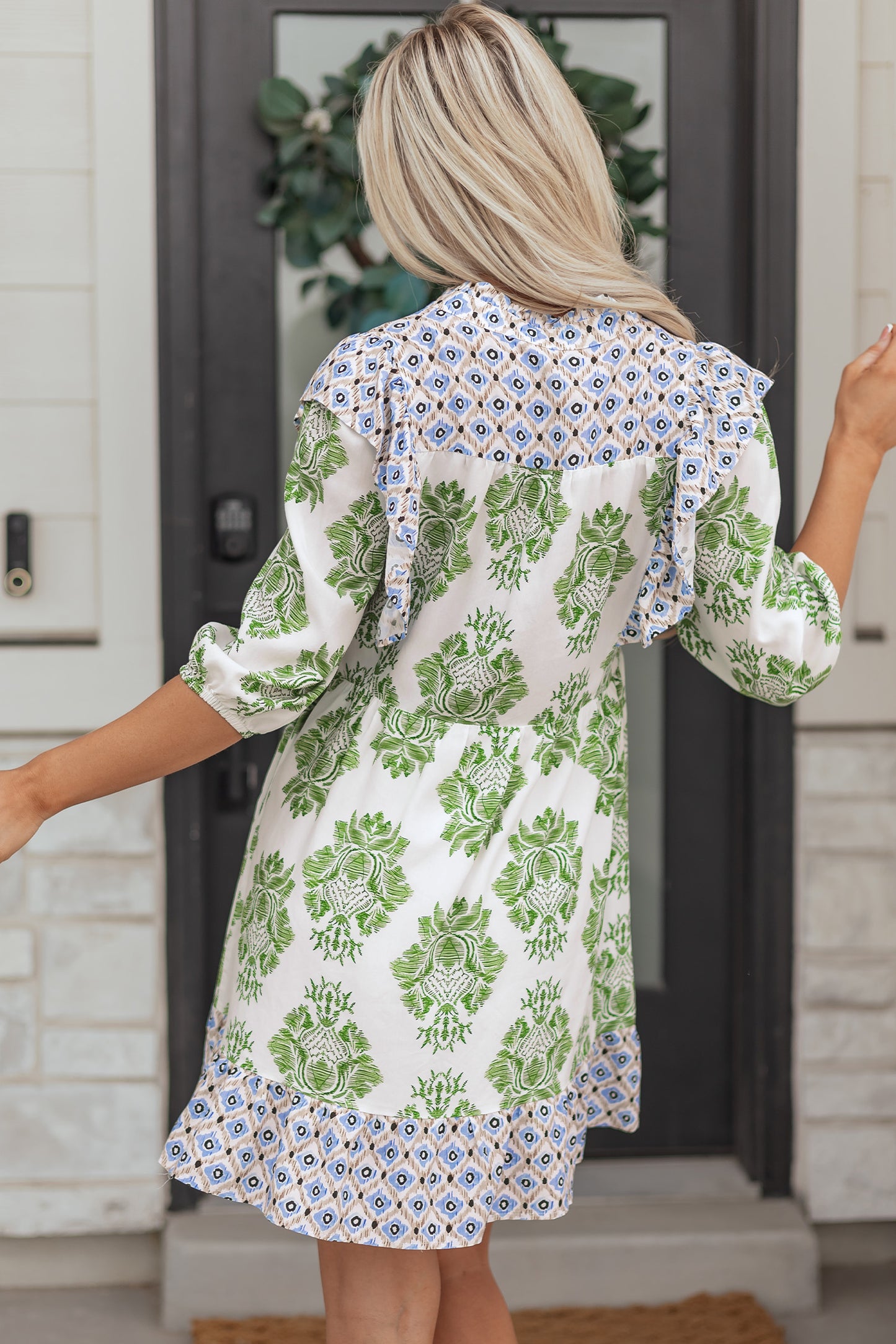 Green Floral Patchwork V-Neck Ruffle Sleeve Mini Dress