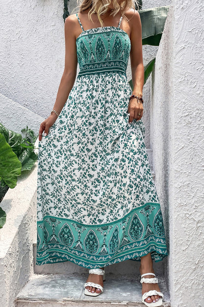 Green Boho Floral Smocked Cami Maxi Dress