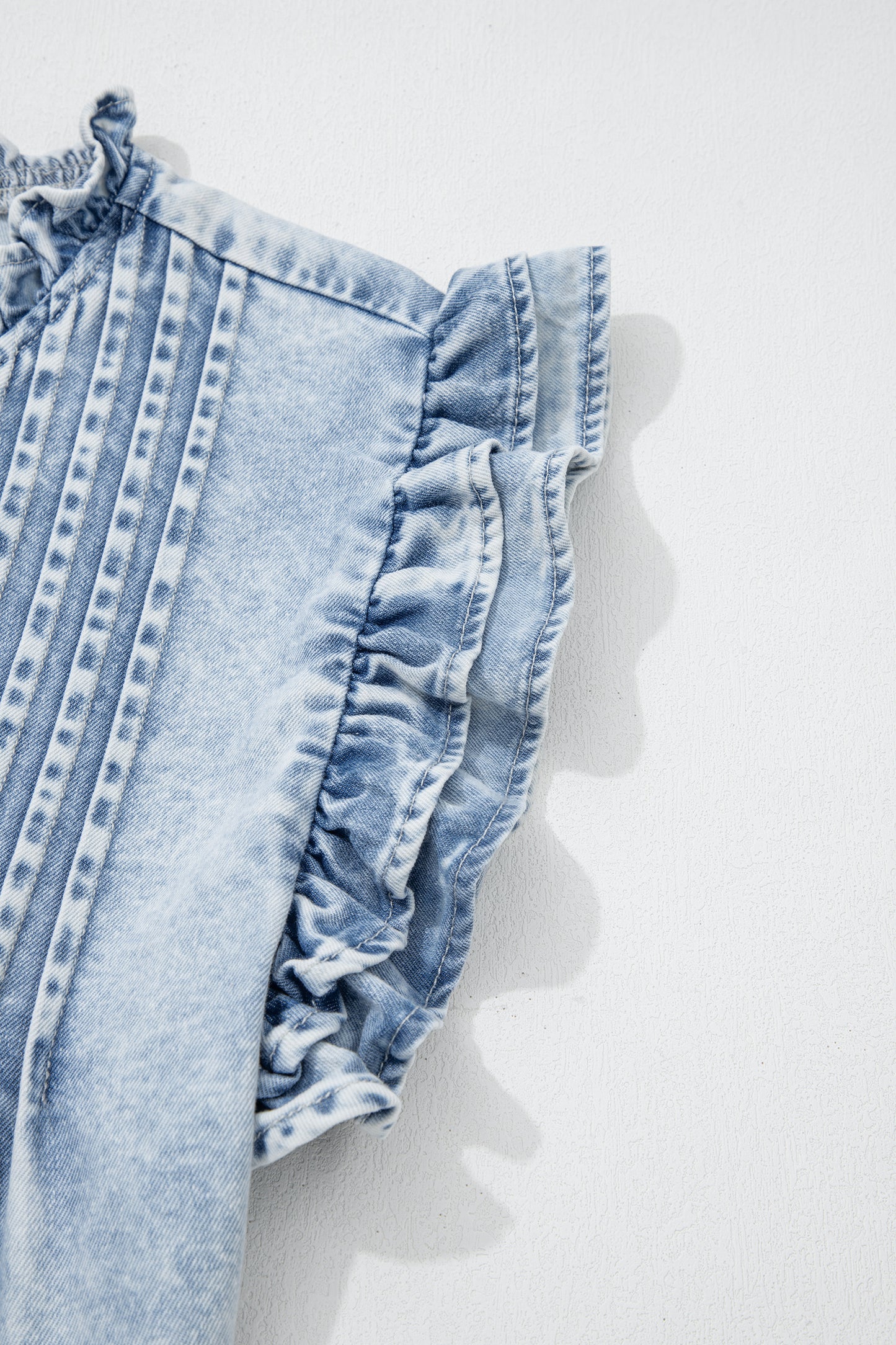Denim Wash Ruffle Sleeve Pleated Blouse – Feminine Everyday Boutique Top
