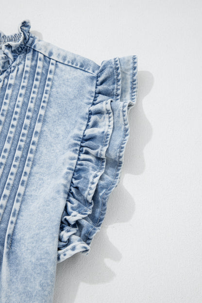 Denim Wash Ruffle Sleeve Pleated Blouse – Feminine Everyday Boutique Top