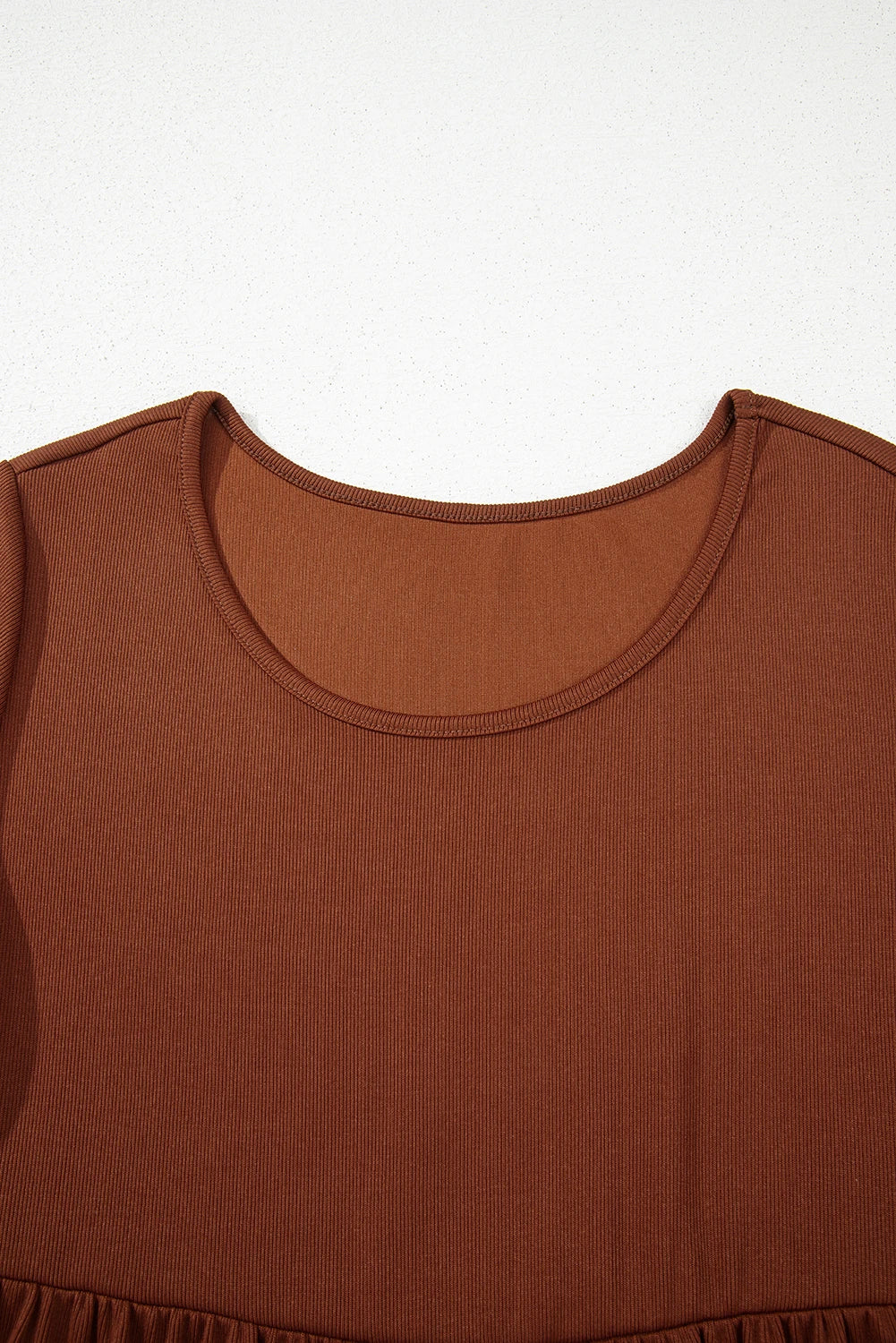 Soft Rust Ribbed Frilled Trim High‑Waist Long Sleeve Mini Dress