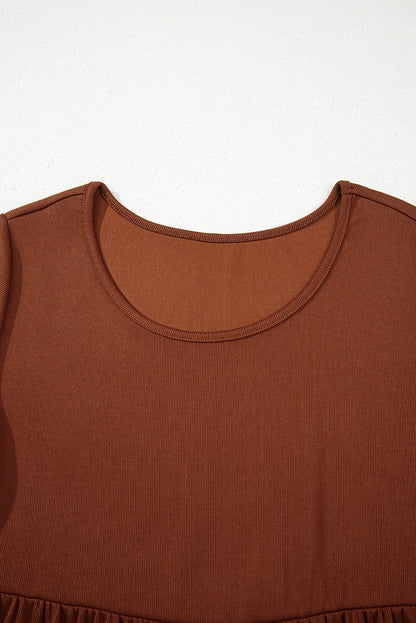 Soft Rust Ribbed Frilled Trim High‑Waist Long Sleeve Mini Dress