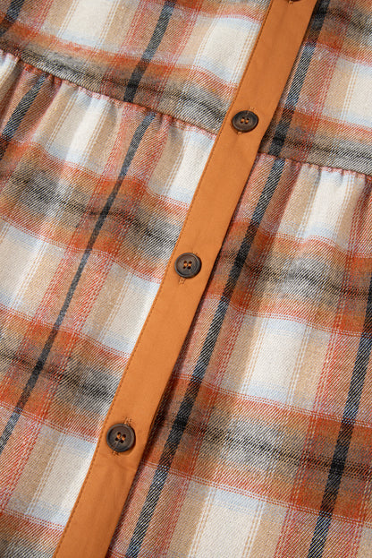 Caramel plaid tunic shirt dress with collared neckline, button front, chest pockets, long sleeves, and relaxed mini silhouette.