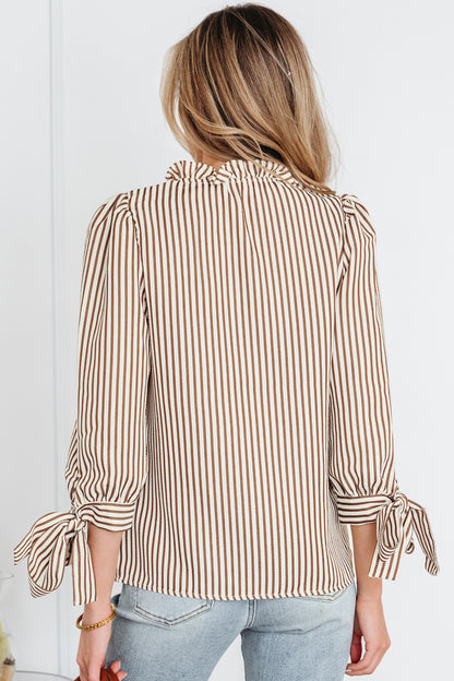 Striped Split Neck Blouse with Tied Cuffs