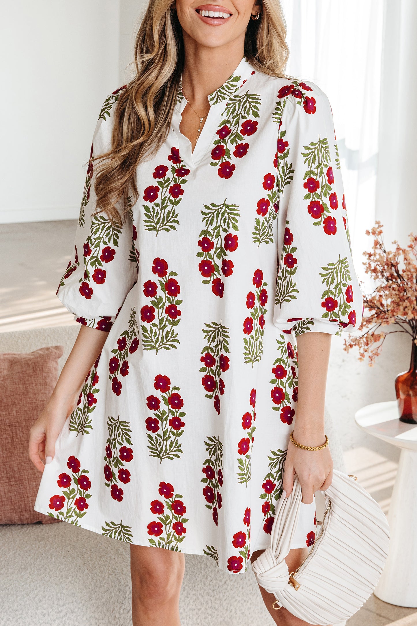 White Floral V-Neck Puff sleeves Mini Dress
