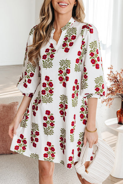 White Floral V-Neck Puff sleeves Mini Dress