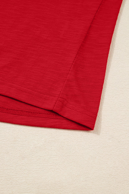 Crimson Red split neck button detail long sleeve top with gathered cuff sleeves