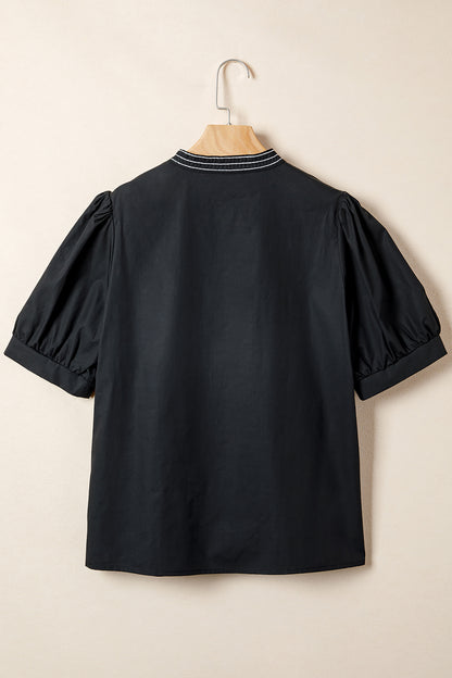 Black Embroidered Split V-Neck Puff Sleeve Blouse