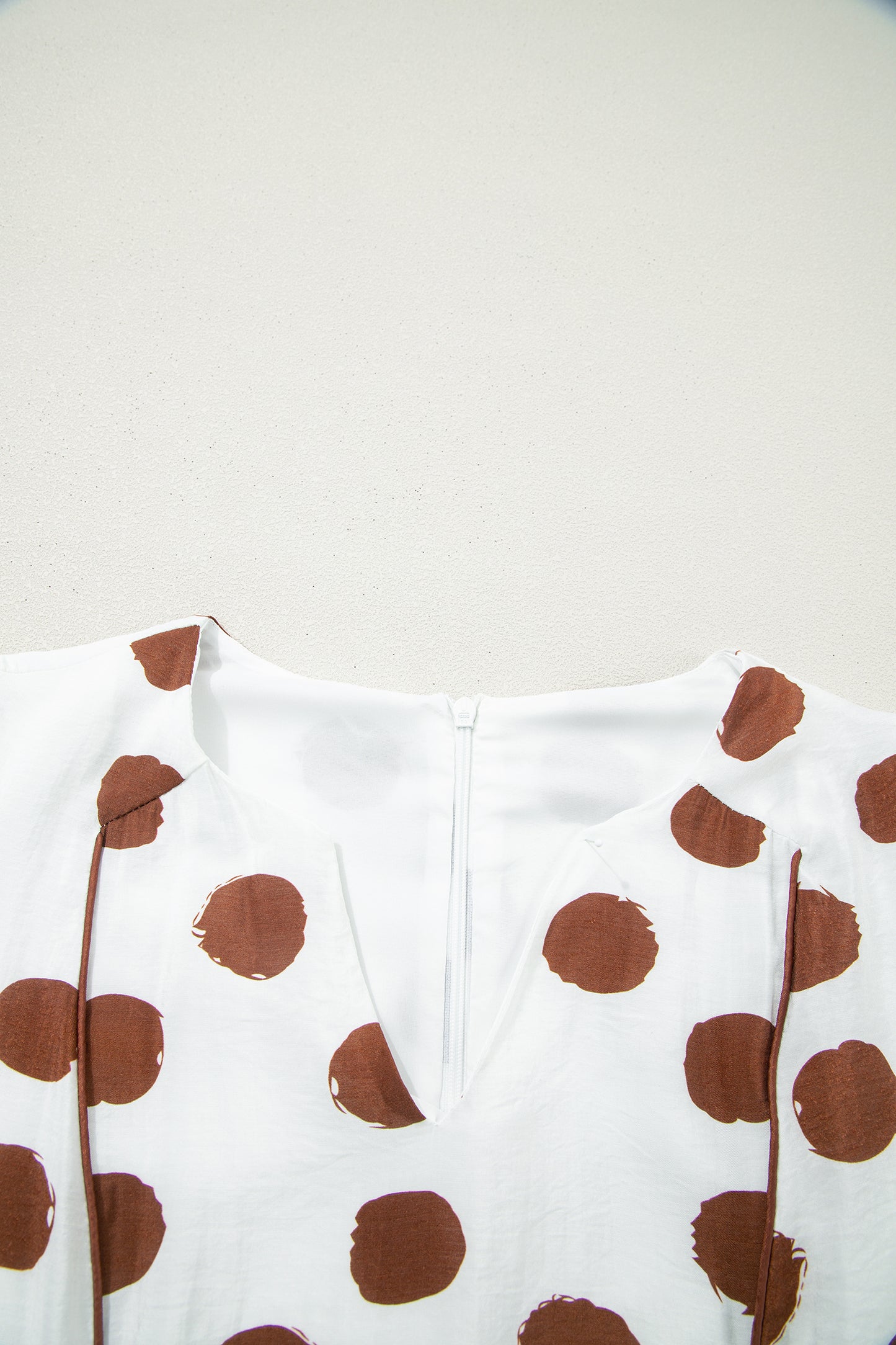 White Brown Polka Dot V-Neck Tie Waist Midi Dress