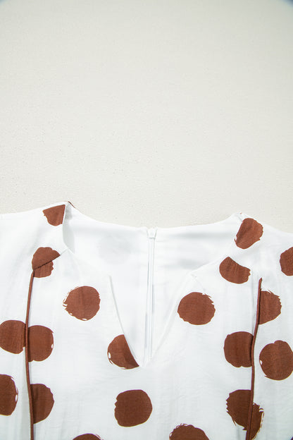 White Brown Polka Dot V-Neck Tie Waist Midi Dress