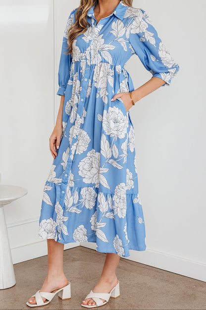Elodie Sky Blue Floral Button Front Midi Dress