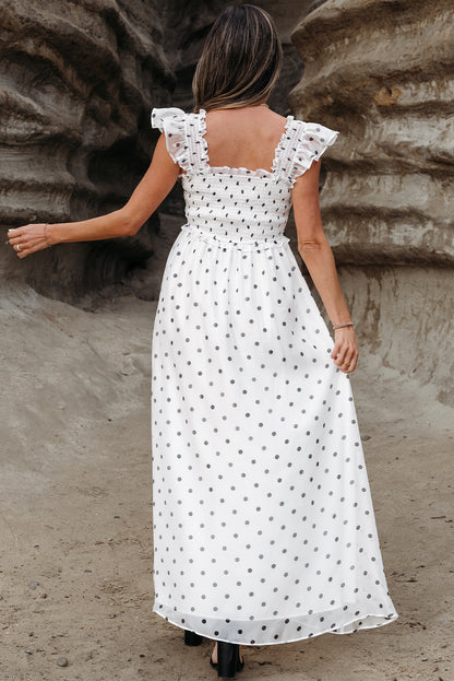 White Polka Dot Smocked Ruffle Strap Maxi Dress