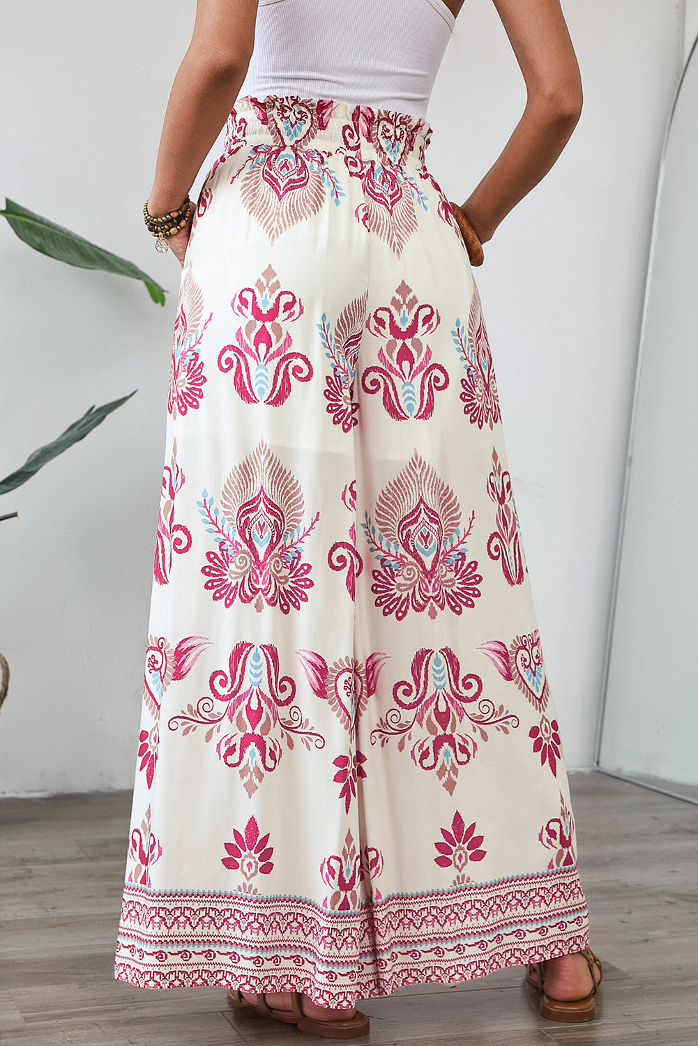 Rose Boho Printed Shirred High Waist Flowy Pants